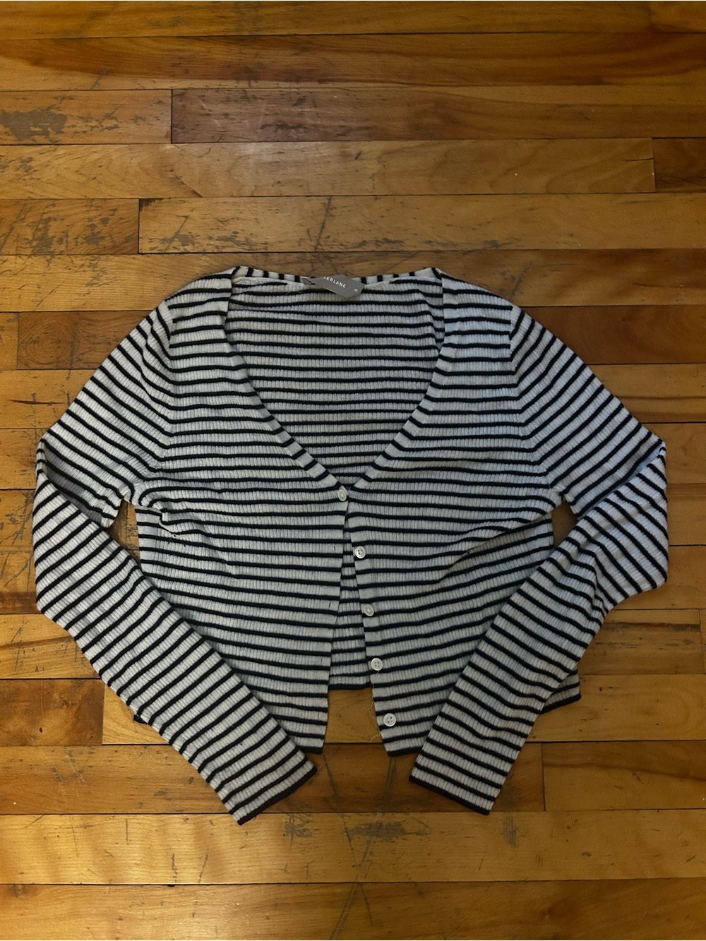 Everlane Black & White Striped V-Neck Button Cardigan